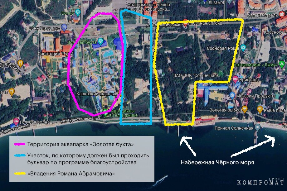 Условное деление территорий между Туристической улицей и берегом моря